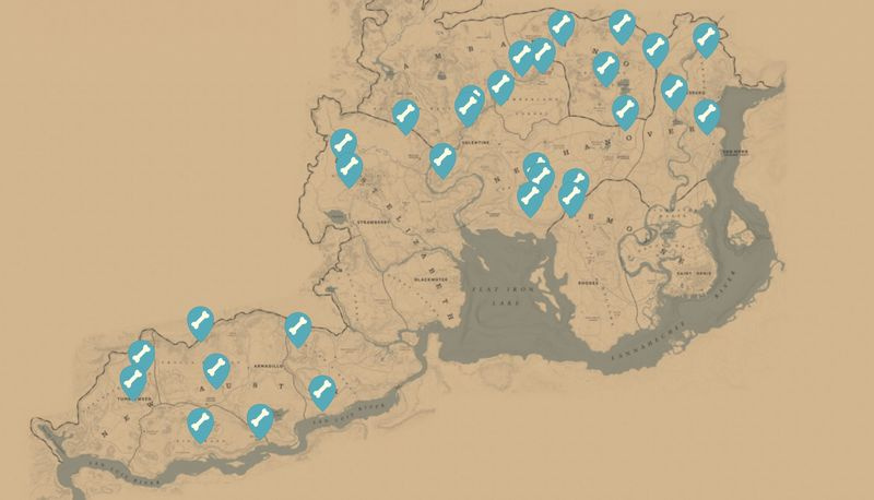 Mappa delle posizioni delle ossa di dinosauro di Red Dead Redemption 2