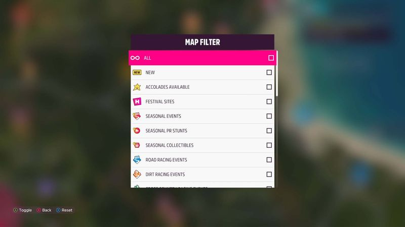 Forza Horizon 5 filterliste for kartikoner