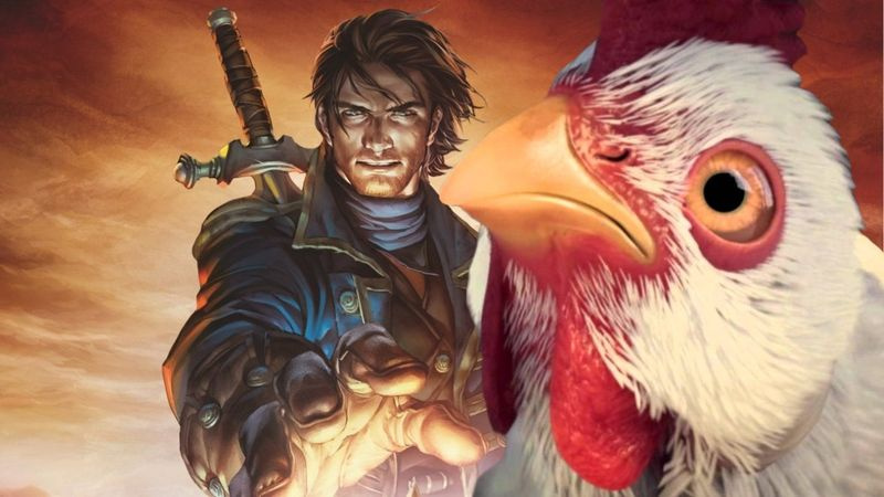 En illustration, der viser helten fra Fable 3, der rækker ud efter en kylling.