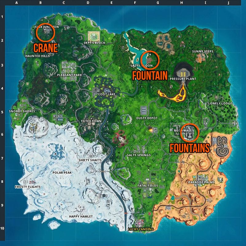 Fortnite Fountain och Junkyard Crane platser