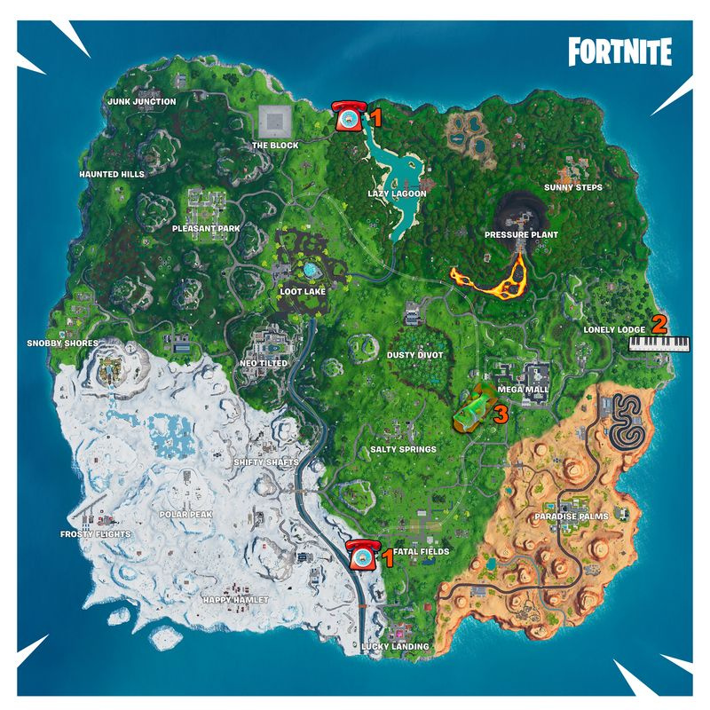 Fortnite - Besök en överdimensionerad telefon, stort piano och en stor Dancing Fish-trofé
