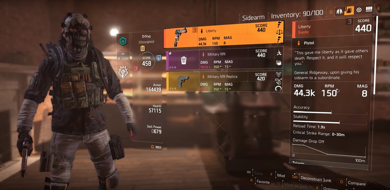 Die Statistiken der Division 2 Liberty Exotic Pistol