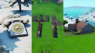 Fortnite roterende telefon, gaffelkniv og huse på en bakketop