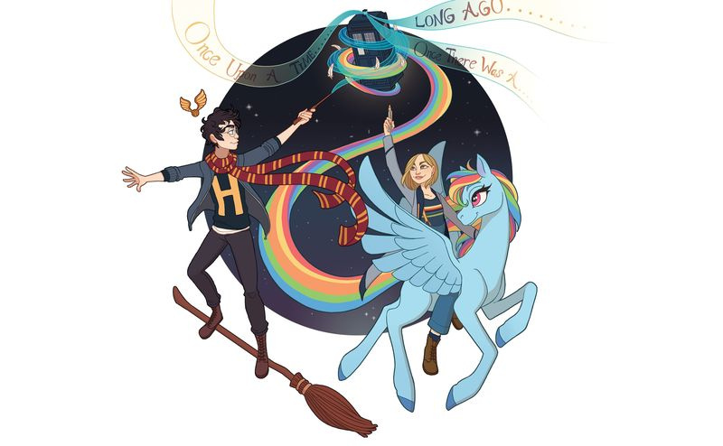 konzeptionelle Illustration von Harry Potter, Dr. Who und einem Regenbogen My Little Pony, die alle zusammenarbeiten, um die Tardis in den Himmel zu schweben