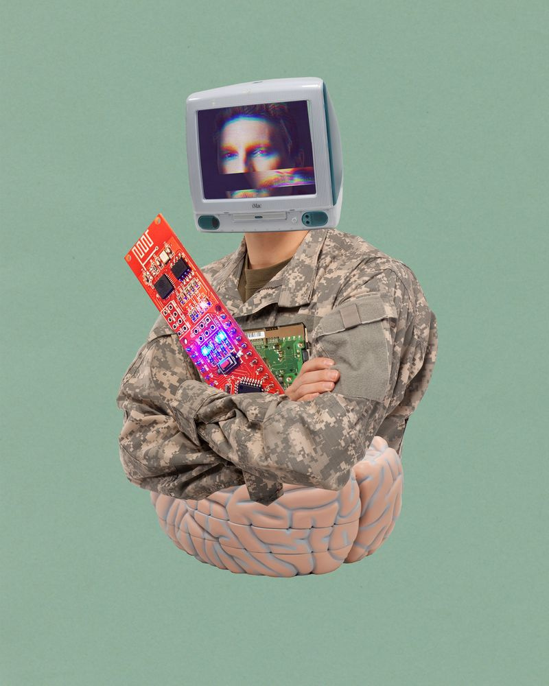 Fotoillustration von Soldaten- und Gehirnschnittstellen