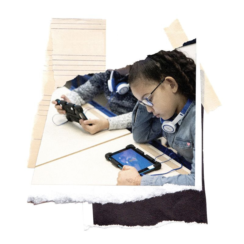 Collage aus Bildern, die einen jungen Schüler zeigen, der im Klassenzimmer ein Tablet verwendet