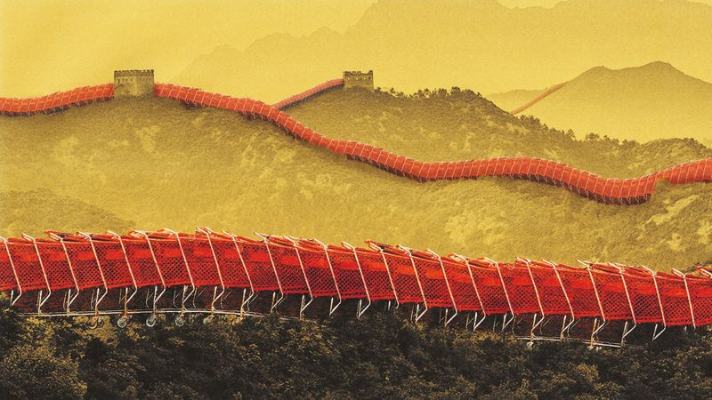 konzeptionelle Illustration von Einkaufswagen, die die Chinesische Mauer bilden