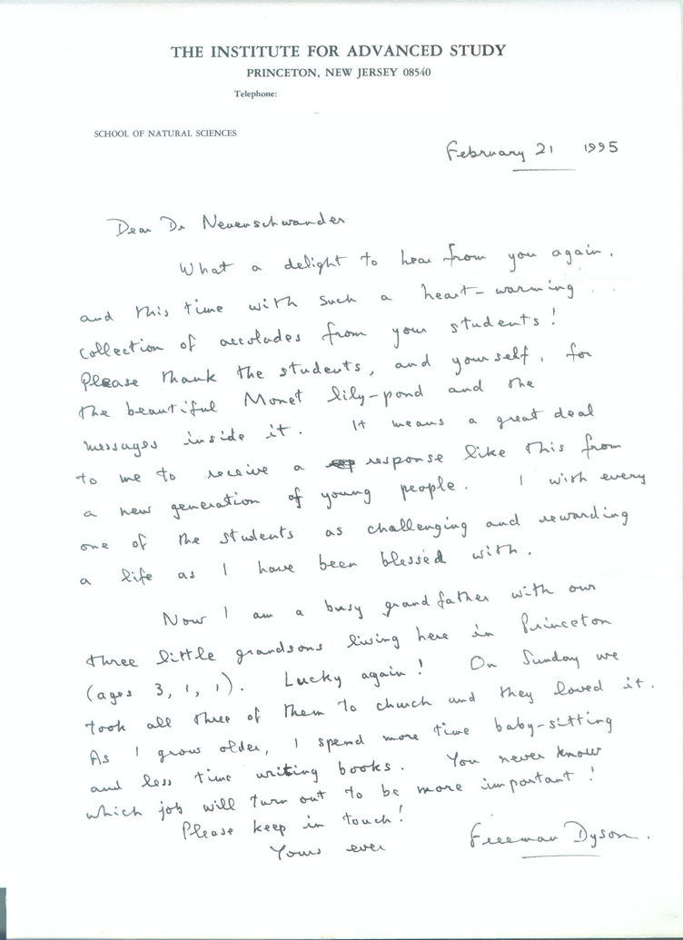 Une lettre de 1995 de Freeman Dyson à Dwight Neuenschwander