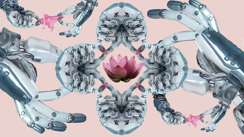 image de mains de robot créant un design en spirale avec lotus au milieu des engrenages et fond rose millénaire bouddhiste bouddhisme mandala