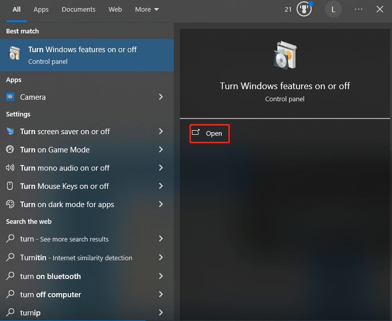   aprire la finestra Funzionalità di Windows