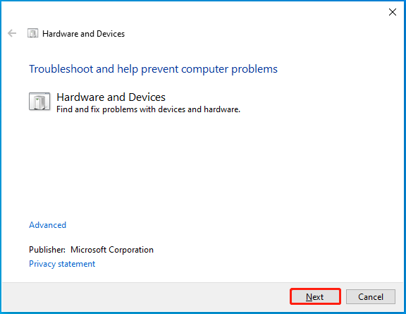 Voer de probleemoplosser voor hardware en apparaten uit