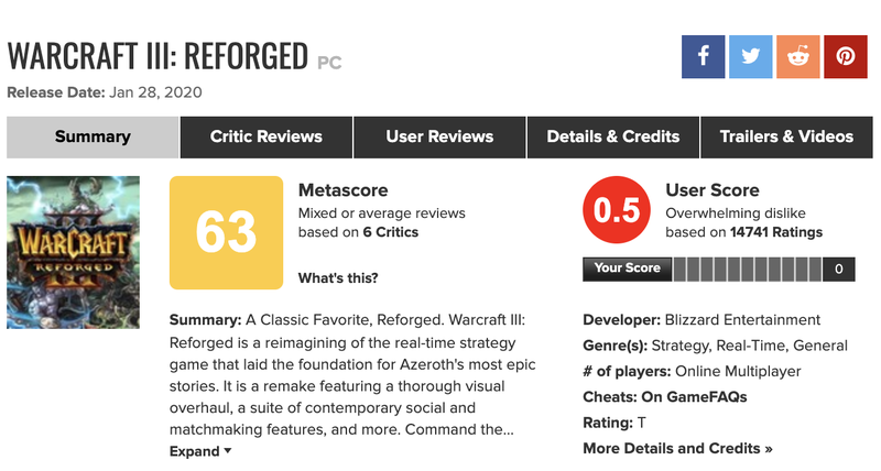Screenshot van de score bij Metacritic