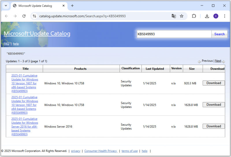 download en installeer KB5049993 vanuit de Microsoft Update-catalogus