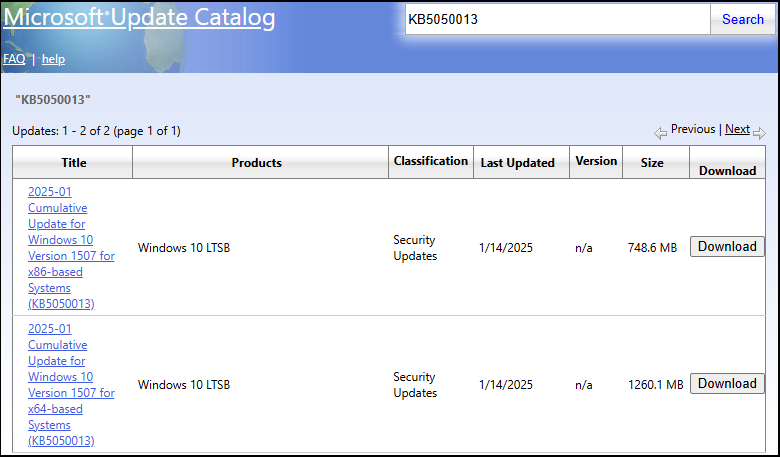   KB5050013 indirme arayüzü