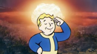En illustration av Vault Boy som hälsar före ett kärnvapensvampmoln.