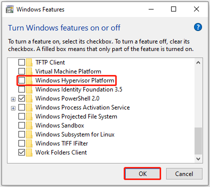   tühjendage suvand Windows Hypervisor Platform