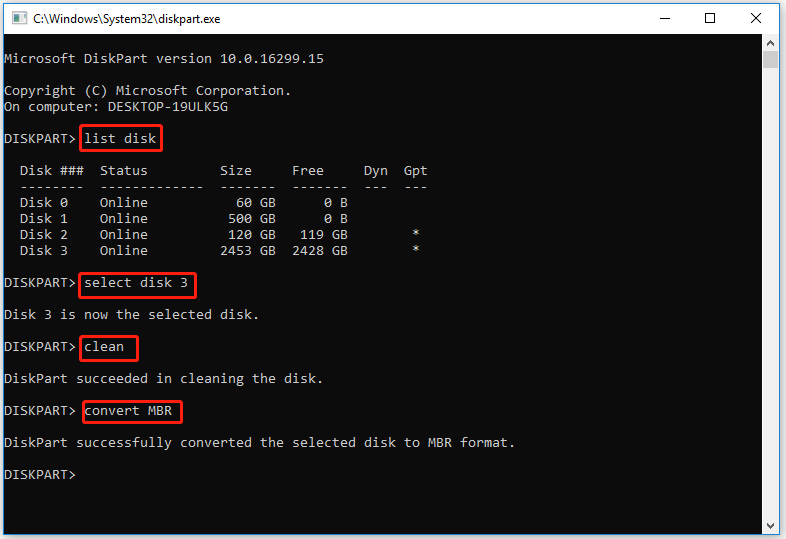   Converti in disco MBR in Diskpart