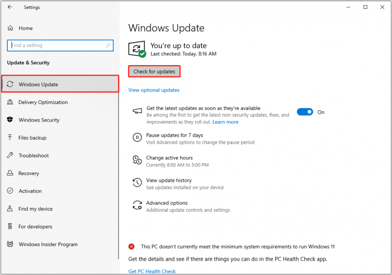 controleer op updates