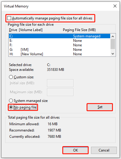   selezionare Nessun file di paging