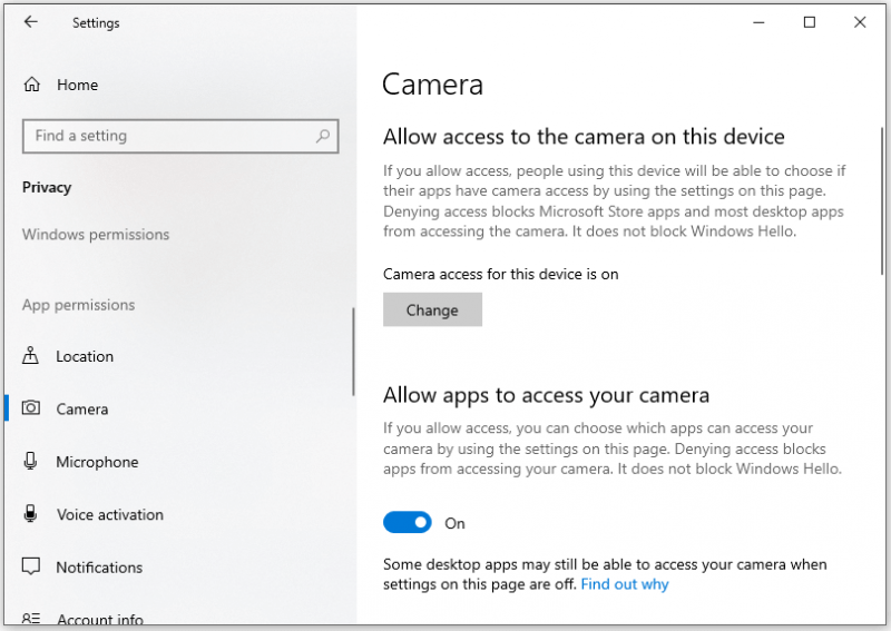   i passaggi per abilitare la funzione di accesso alla fotocamera