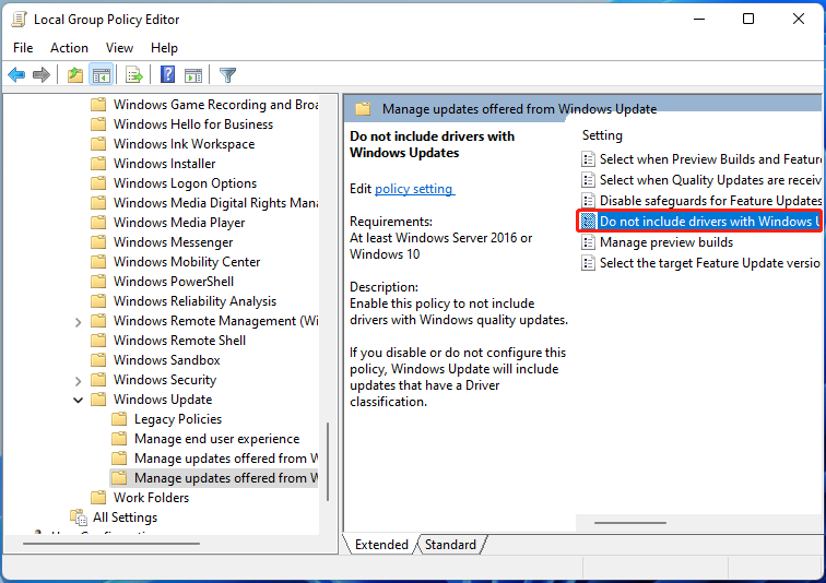 Inkluder ikke drivere med Windows Update