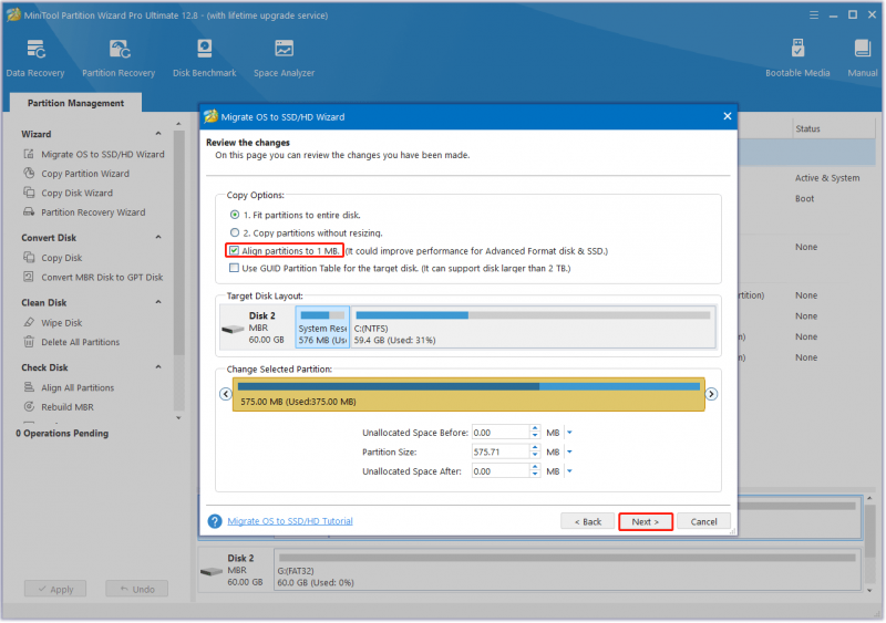   seleziona le opzioni di copia e configura il layout del disco