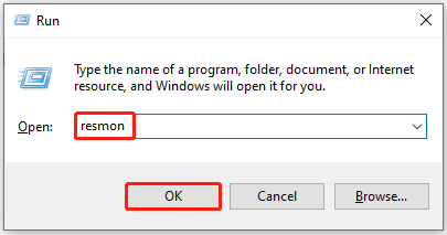   open Resource Monitor vanuit Uitvoeren