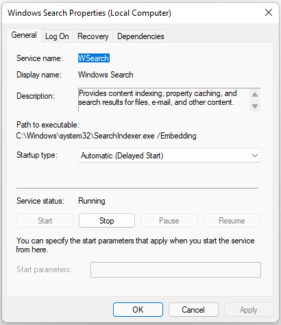   genstart Windows Search-tjenesten