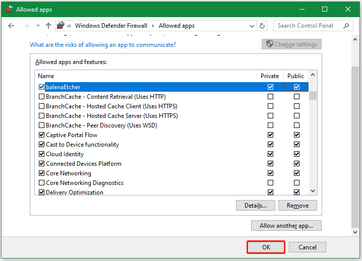 Consenti l'incidente tramite Windows Firewall