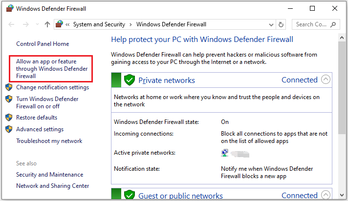   fare clic su Consenti un'app o una funzionalità tramite Windows Defender Firewall