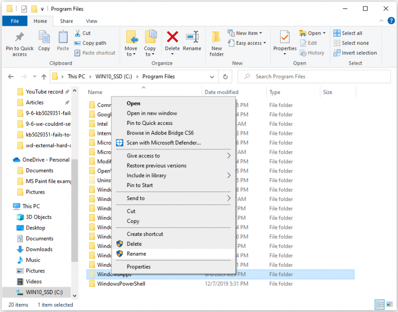إعادة التسمية إلى مجلد WindowsApps