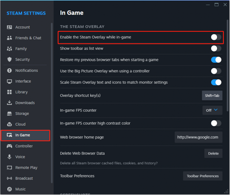   sluk for"Enable Steam Overlay while in-game" feature