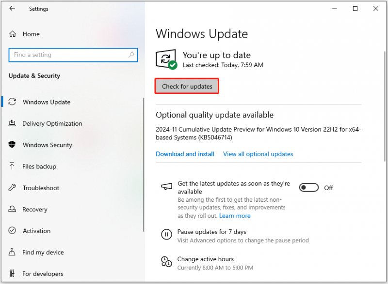   fare clic su Controlla aggiornamenti nella finestra Windows Update