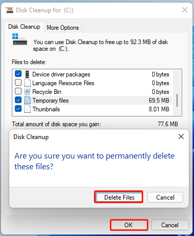   fare clic su Elimina file in Pulizia disco