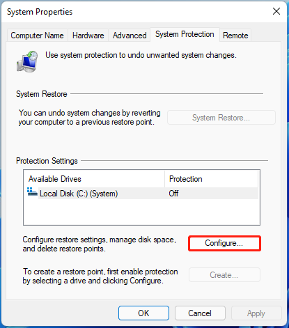   fare clic su Configura in Proprietà del sistema