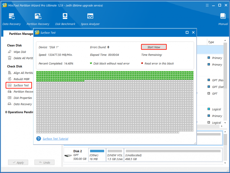 oppervlaktetest met Partition Magic