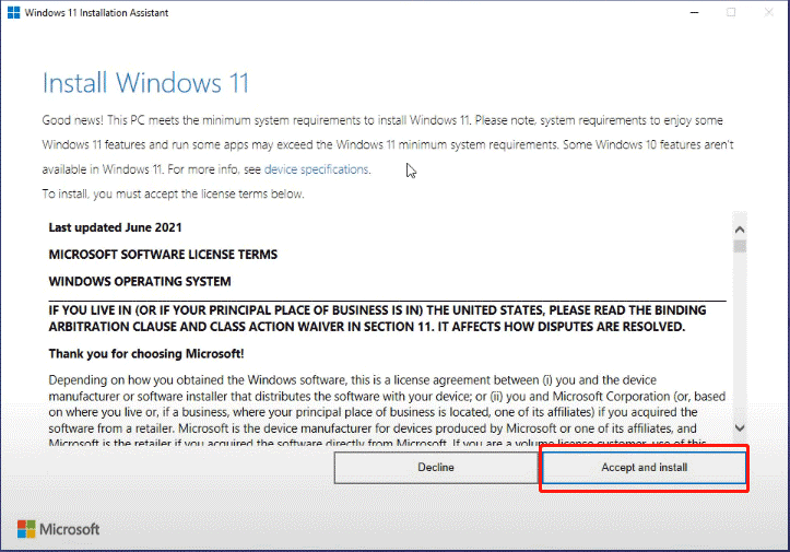 klik op Accepteren en installeren in Windows 11 Installatieassistent