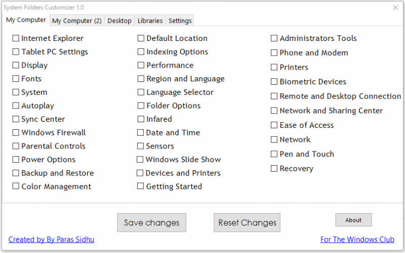   grænsefladen til System Folders Customizer