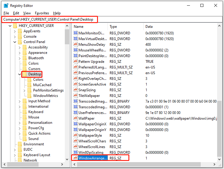 найдите строку WindowArrangementActive