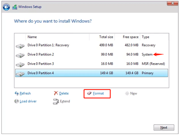 formatteer de systeempartitie met behulp van de Windows-installatieschijf