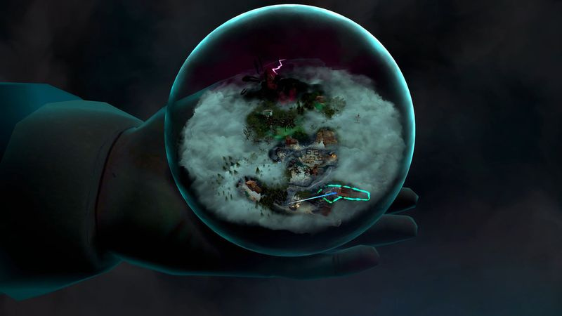 Lo screenshot di Serpent Rogue con una mano che tiene una sfera di vetro con un mondo all