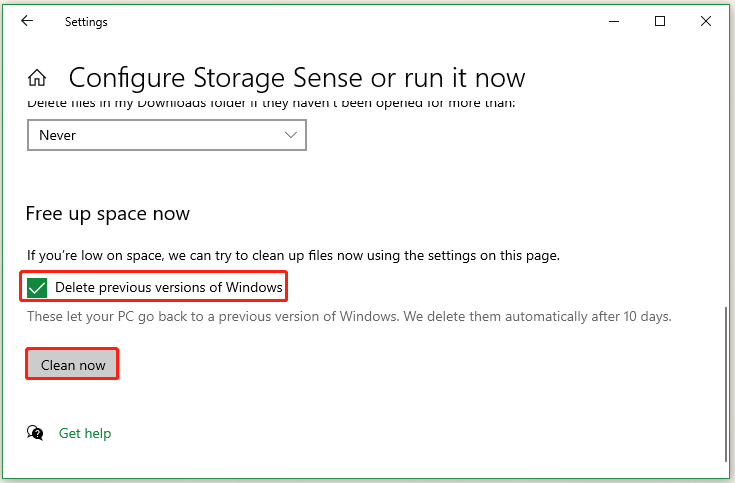   eliminare le versioni precedenti di Windows da Sensore memoria