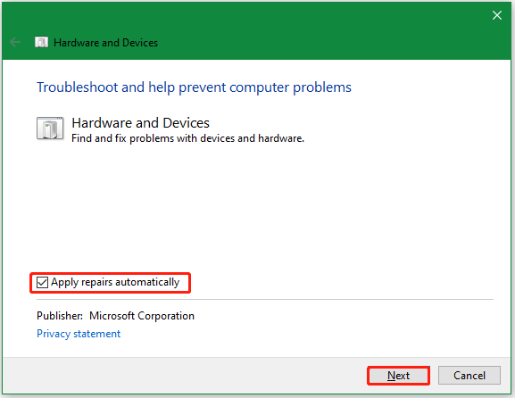   eseguire lo strumento di risoluzione dei problemi hardware e dispositivi