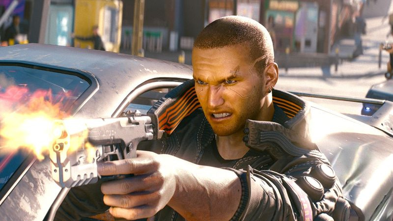 Cyberpunk 2077-hjälten V hänger ut ur en bil medan han avfyrar en pistol (ilsket).