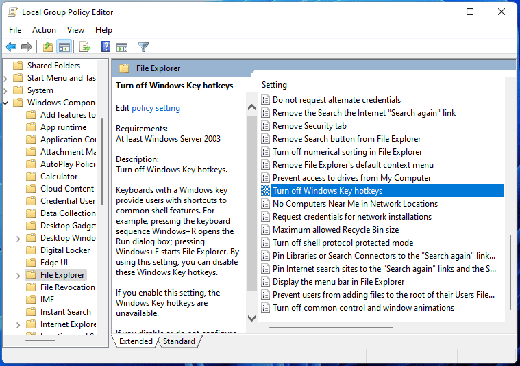 disattivare i tasti di scelta rapida di Windows