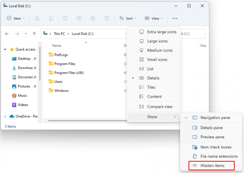 seleziona Elementi nascosti Windows 11