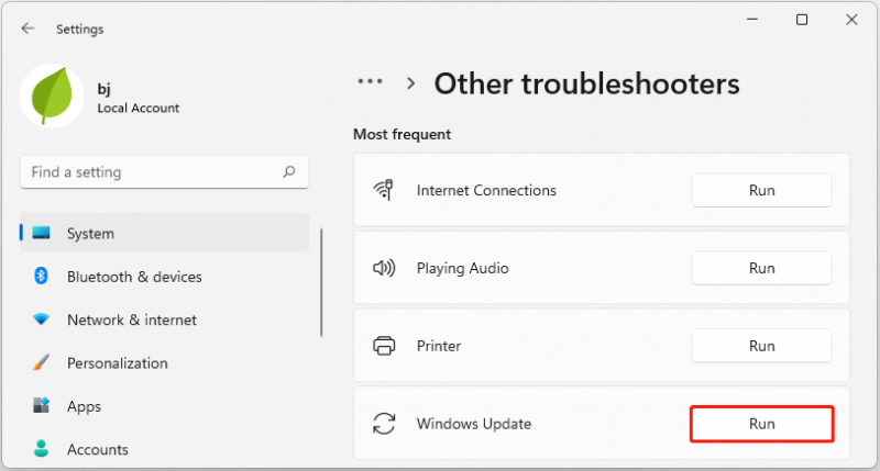 Fare clic su Esegui per risolvere i problemi di Windows