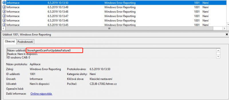   ID evento 1001 StoreAgentScanForUpdatesFailure0