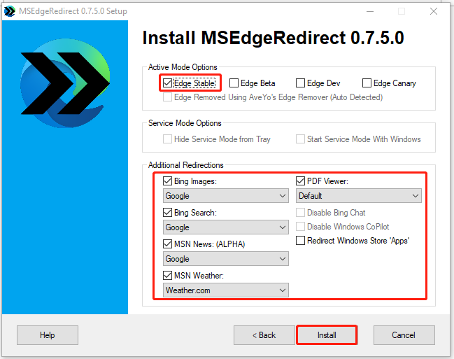 installera MSEdgeRedirect