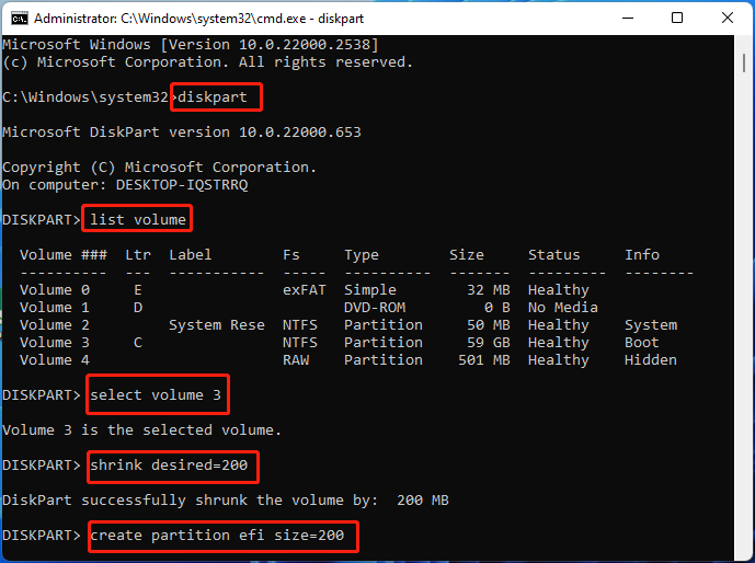 สร้างพาร์ติชัน EFI โดยใช้ CMD